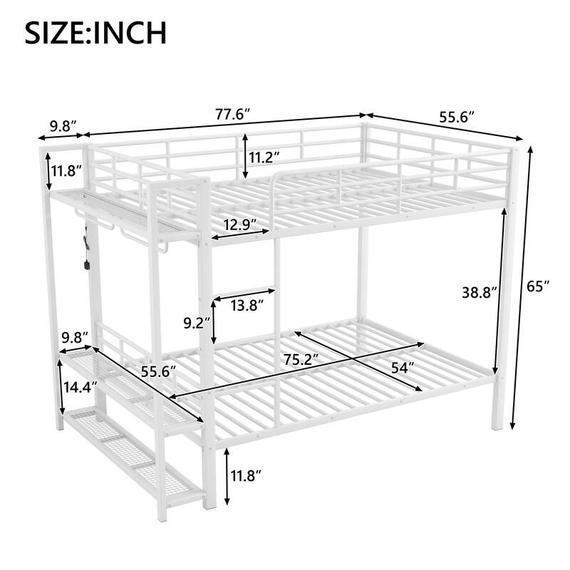 Full over Full Size Metal Bunk Bed with Mesh Shelves and Clothes Hooks, Storage Bed Frame with LED Light and Ladder