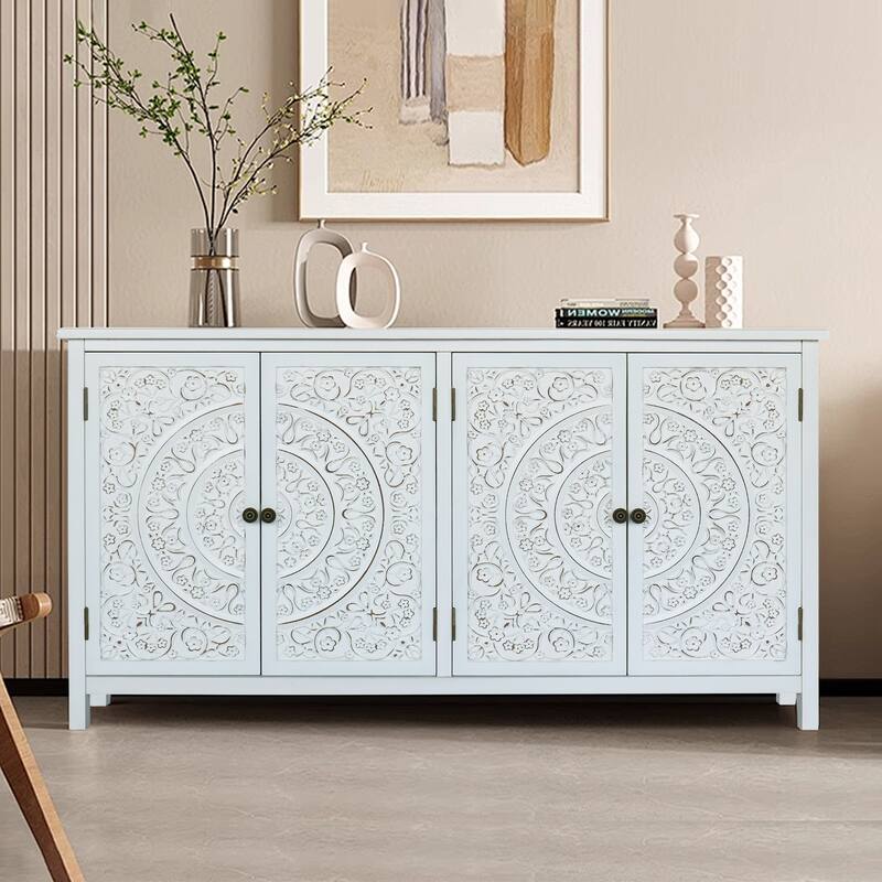 60in White Accent Cabinet 4 Doors Rustic Wood Storage Sideboard for Home Decor
