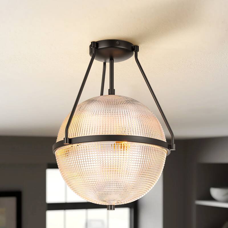 3-Light Mid-Century Modern Grid Textured Glass Globe Bubble Semi-Flush Mount Light for Dining Room - 13.7 in. W x 17.1 in. H