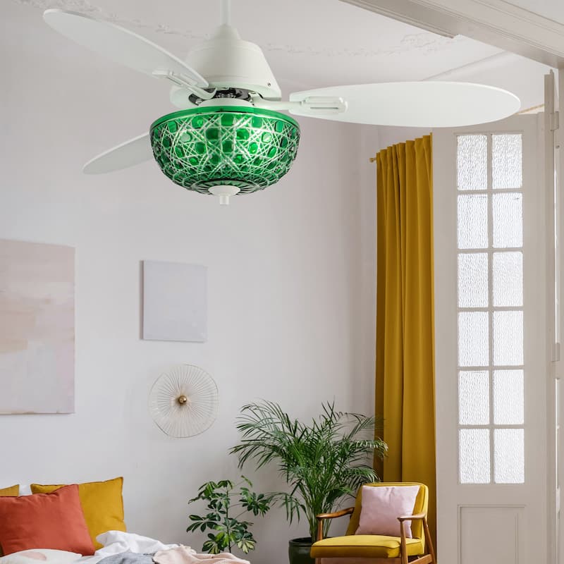 Izzy River of Goods 3-blade 42-inch Modern Indoor Ceiling Fan with Green Hand-Cut Glass Shade and Remote Control