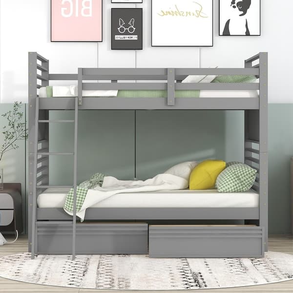 slide 2 of 27, Twin Over Twin Bunk Bed with Two Storage Drawers, Solid Wood Detachable Bunkbeds Frame Converted into 2 Bedframe for Kids Teens Gray - Twin