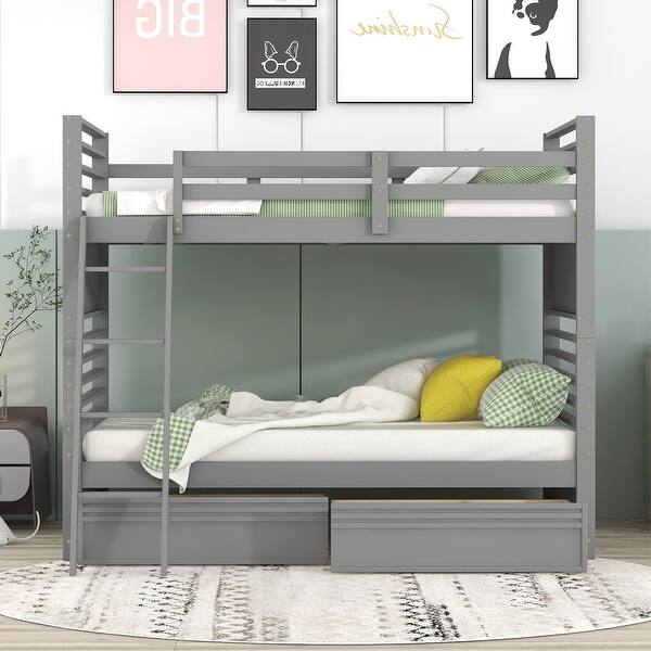 slide 2 of 58, Twin over Twin Bunk Bed with Drawers, Guardrail & Convertible Design, Space-Saving Gray