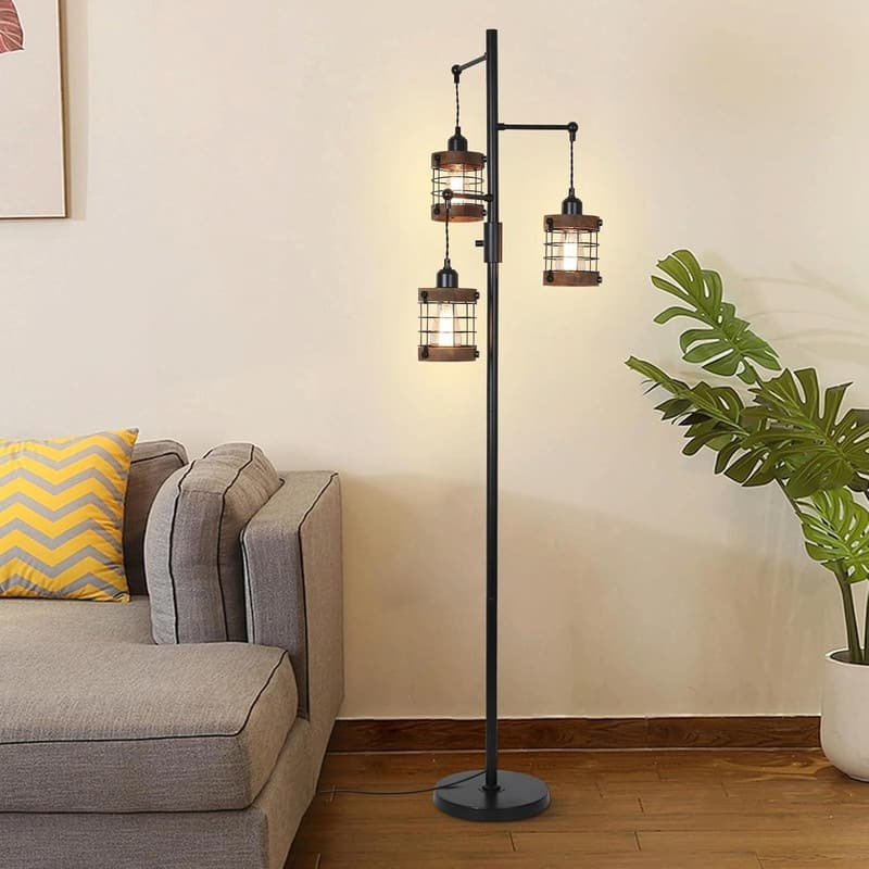 Airposta Dimmable Industrial Floor Lamp - 3-Light Wood & Metal Cage Floor Lamp