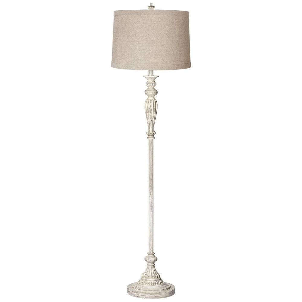 Shabby Chic Floor Lamp Antique White Natural Linen Fabric Shade - 16