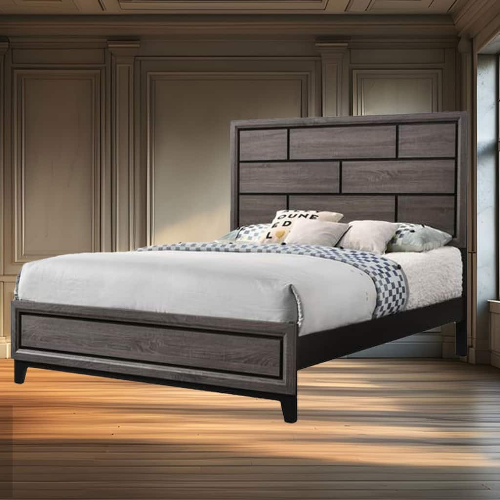 King Size Panel Bed with Box Design Headboard, Rustic Gray Finish, and Rubberwood Construction for a Modern Bedroom