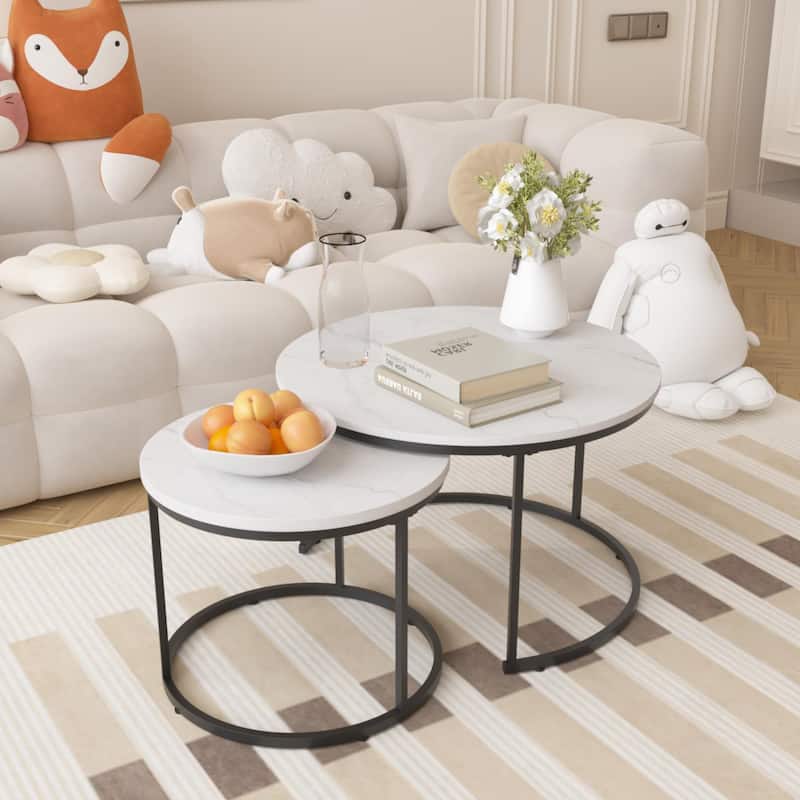 Modern Nesting Coffee Table Round Coffee Table Side Table, 2-Piece Set with Base, for Living Room, Brown