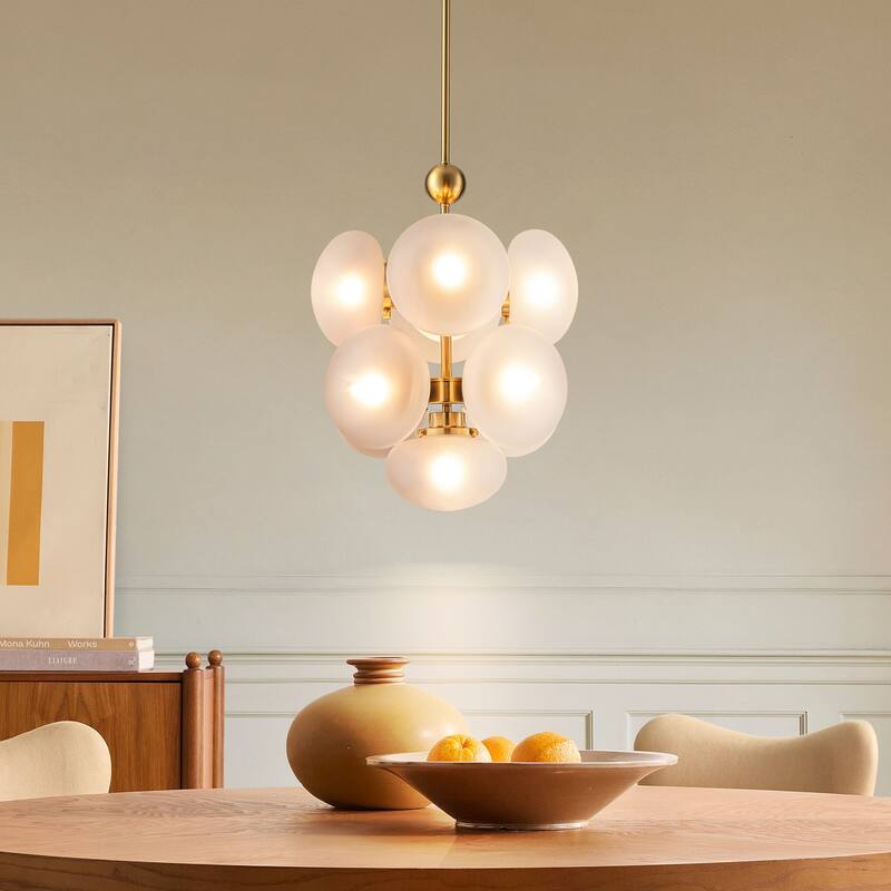 9-Light Modern Glam Gold Cluster Frosted Opal Globe Glass Chandelier for Dining Room, Living Room