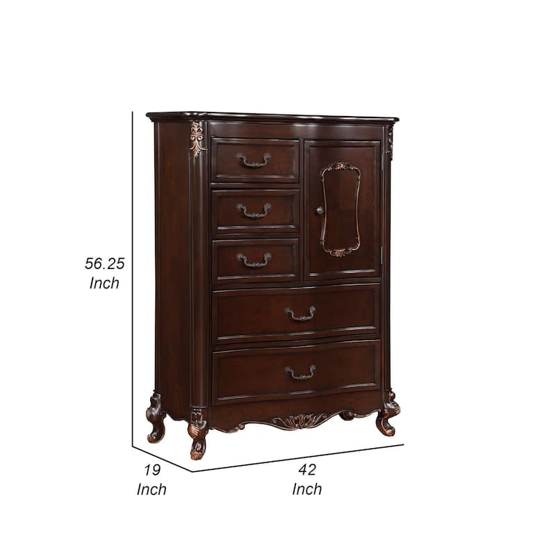 Leon 56 Inch Tall Dresser Chest, 5 Drawer, Cabinet, Grooved, Gold, Brown
