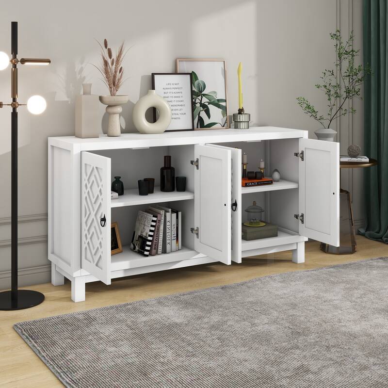 Large Storage Space Sideboard, 4 Door Buffet Cabinet with Pull Ring Handles
