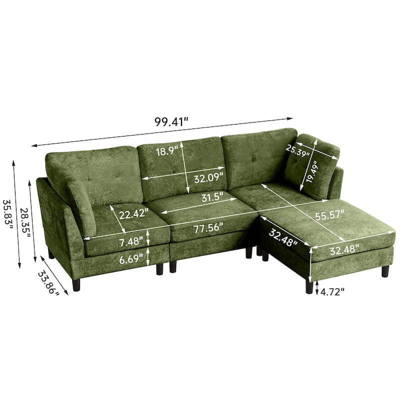 99.4" Chenille High Armrest L Shaped Sofa with Ottoman