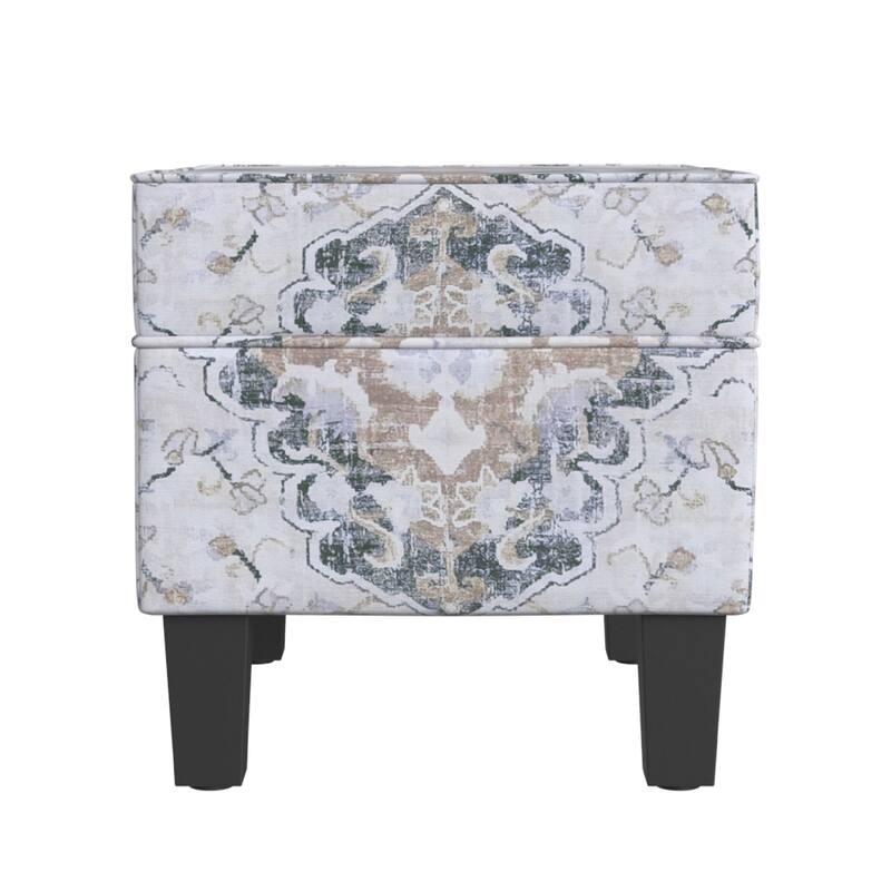 Ishi Accent Storage Ottoman, 22 Inch White Blue Print, Black Wood Legs