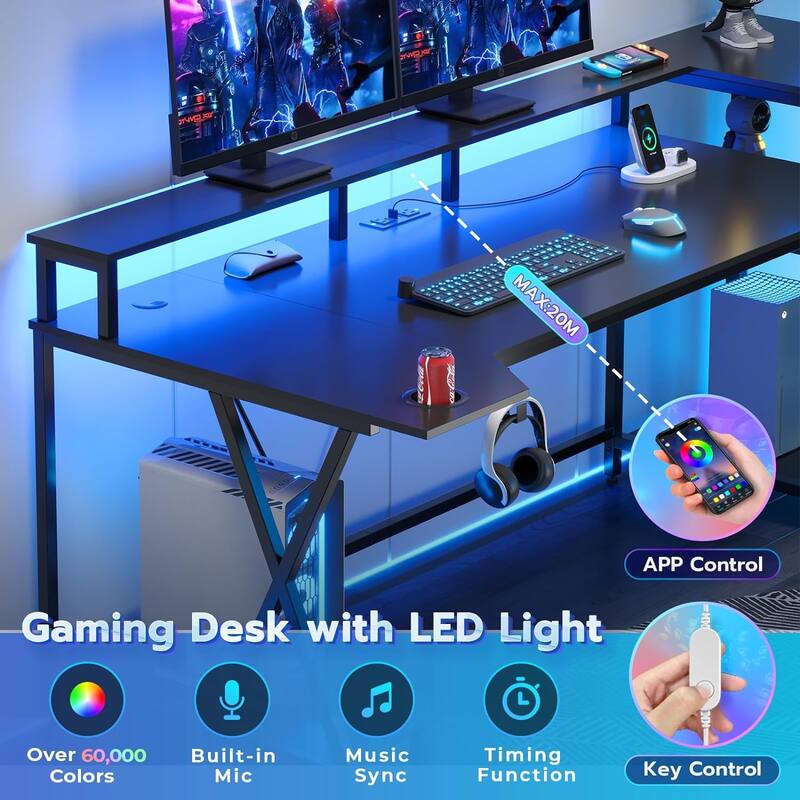 PC Gamer Desk Computer Desk Monitor Stand LED Lights Storage Shelves