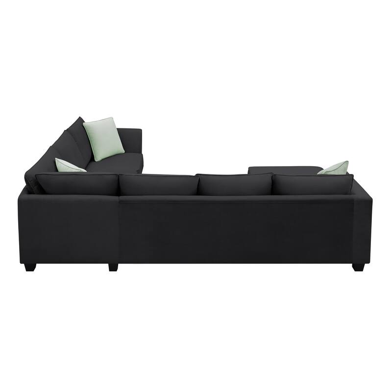 Black 112'' Spacious L-Shaped 7-Seat Modular Sectional Sofa with Ottoman and 3 Pillows, Durable Wood and Iron Frame