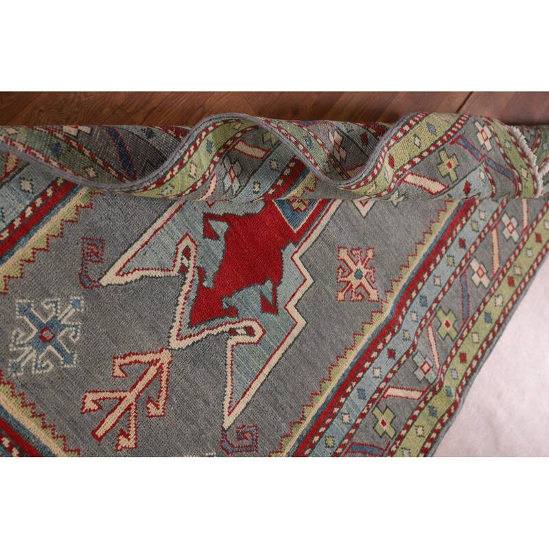 Gray Geometric Kazak Oriental Accent Rug Hand-Knotted Wool Carpet - 3'4"x 5'0"