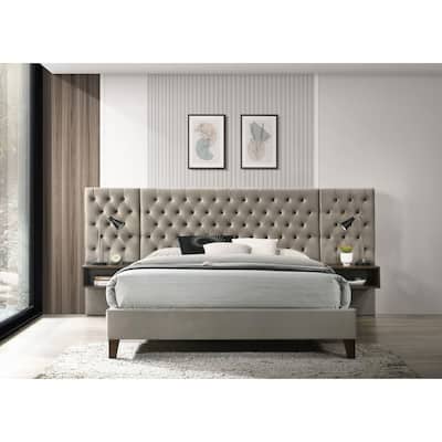 Kiah Light Brown Platform Bed with Tufted Headboard