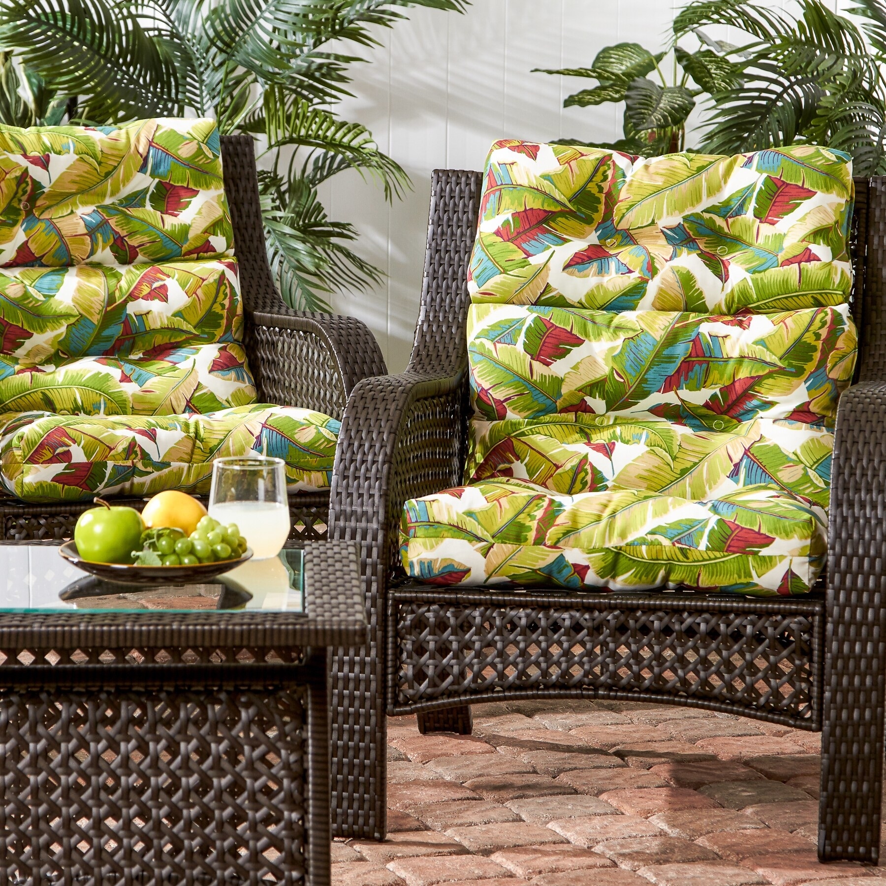 Diggs 3 section 22 inch x 44 inch Outdoor Palm Leaves High Back Chair Cushion Set of 2 by Havenside Home 44l x 22w