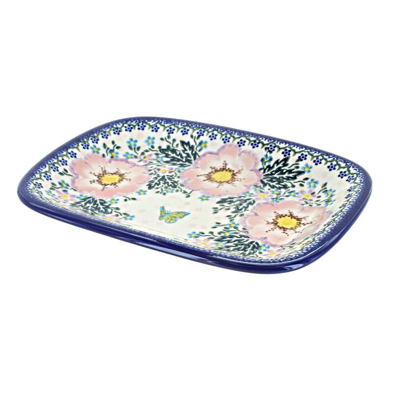 Blue Rose Polish Pottery 119 Vena Small Rectangular Serving Platter - Apple Blossom