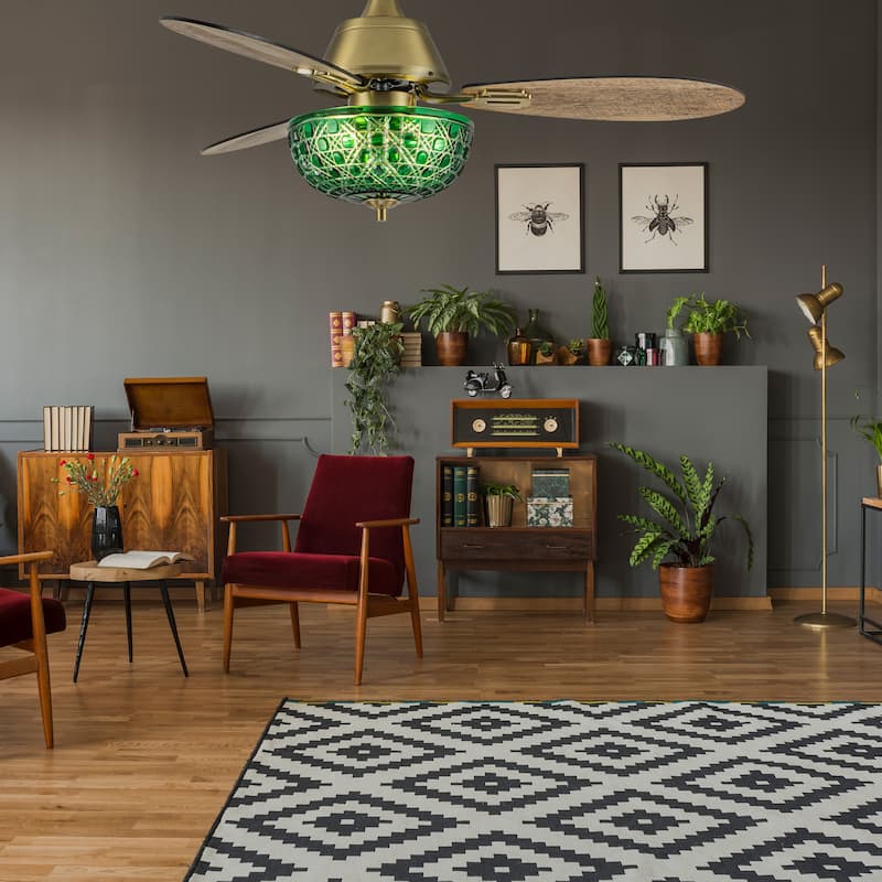 Izzy River of Goods 3-blade 42-inch Modern Indoor Ceiling Fan with Green Hand-Cut Glass Shade and Remote Control