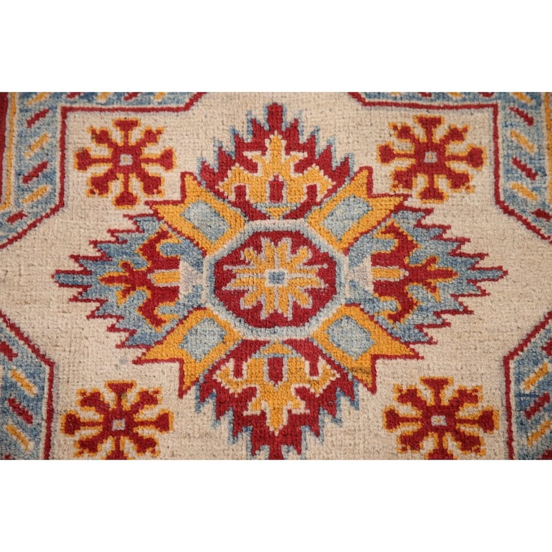 Kazak Area Rug Hand-Knotted Geometric Grey Wool Carpet - 6'9" x 9'8"