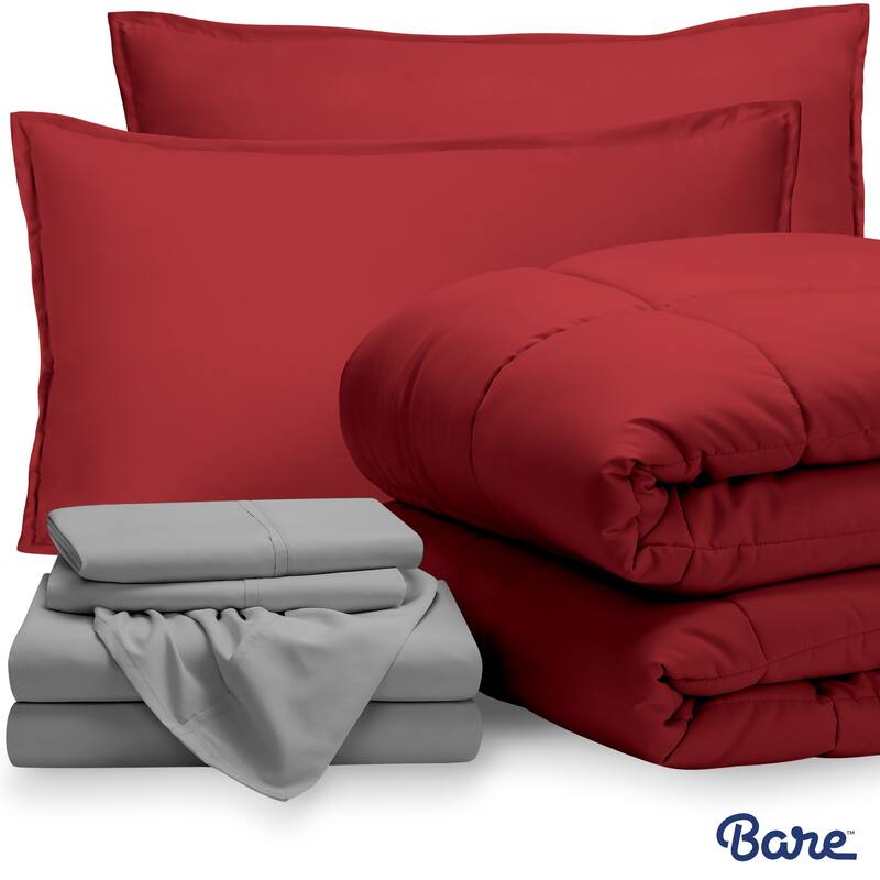 Bare Home Bed-in-a-Bag Down Alternative Comforter & Sheet Set - Red/Light Grey - King