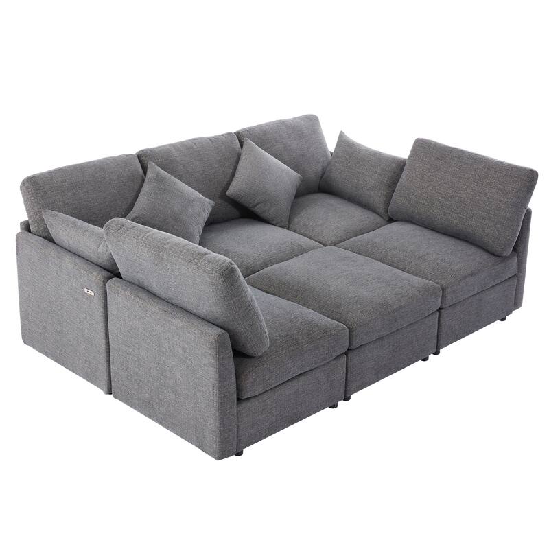 L-Shaped Modular Sectional Sofa Convertible U-Shaped Sofa Bed with Movable Ottoman and 2 USB Ports, 2 Pillows, Chenille 5 Seat