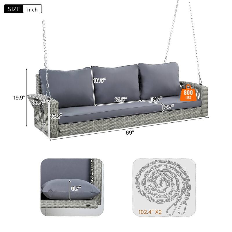 3-Person Wicker Porch Swing with Chains and Cushions for Relaxing in Your Backyard or Garden