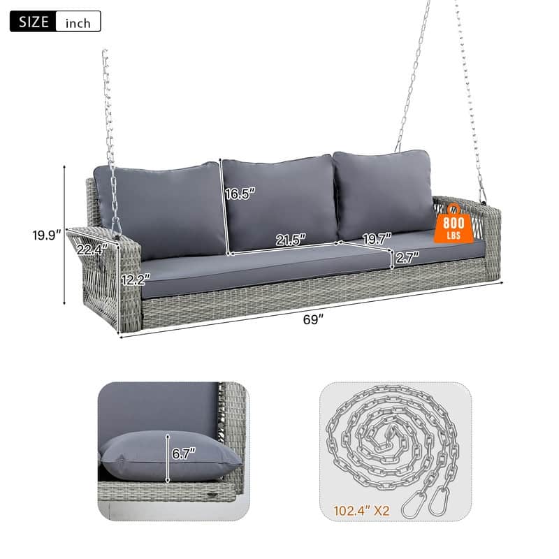PE Wicker 3-Person Porch Swing with Chains, Swing Bench with Cushions