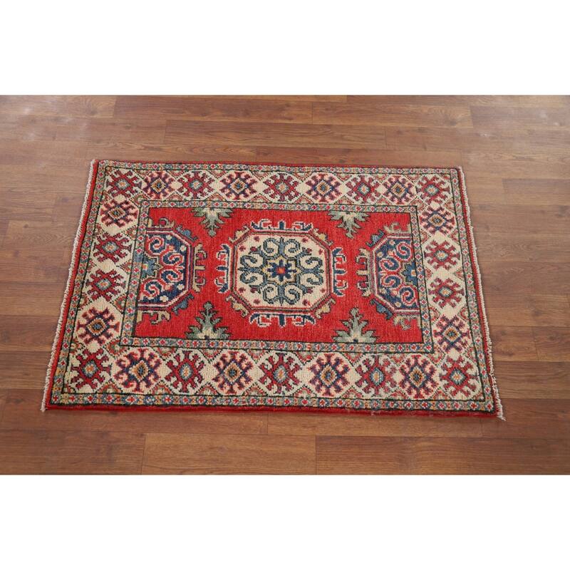 Hand Knotted Oriental 100% Wool Carpet Traditional Geometric Red Kazak Area Rug - 3' 1'' X 2' 1''