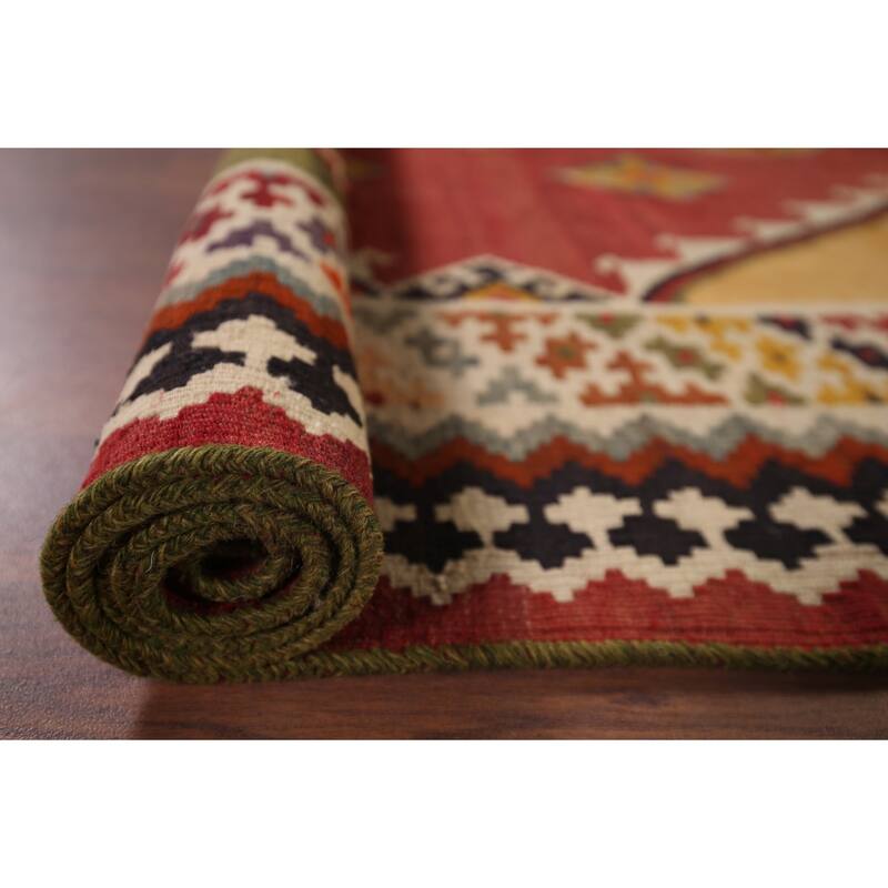 Vegetable Dye Orange Kilim Qashqai Persian Antique Wool Carpet - 4'4"x 10'10"