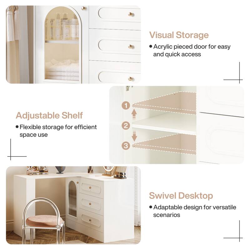 360° Rotatable Vanity Desk with 3 Drawers, Modern White Corner Vanity