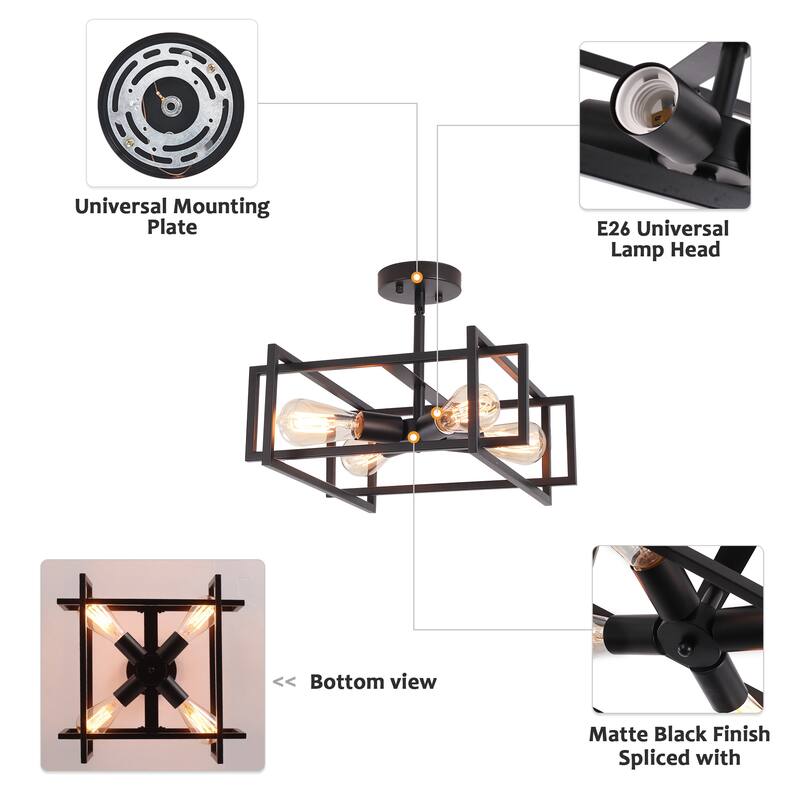 4-Light Semi-Flush Mount Light with Rustic Accent Square Cage for Living Room
