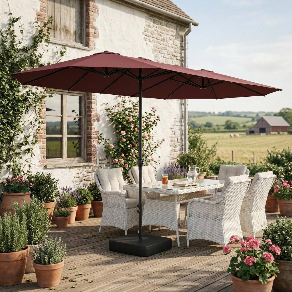 15ft x 9ft Double Patio Umbrella with Base and Sandbags, Extra Large Twin Outdoor Market Umbrella with Auto Tilt, 180g Polyester