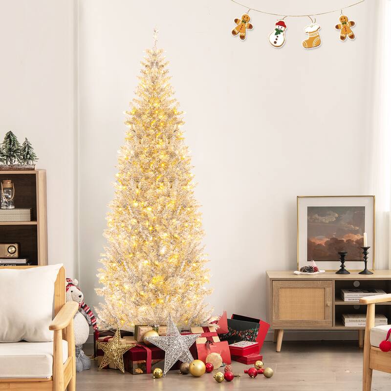 Gymax 7 FT Pre-lit Artificial Silver Tinsel Christmas Tree Slim Pencil