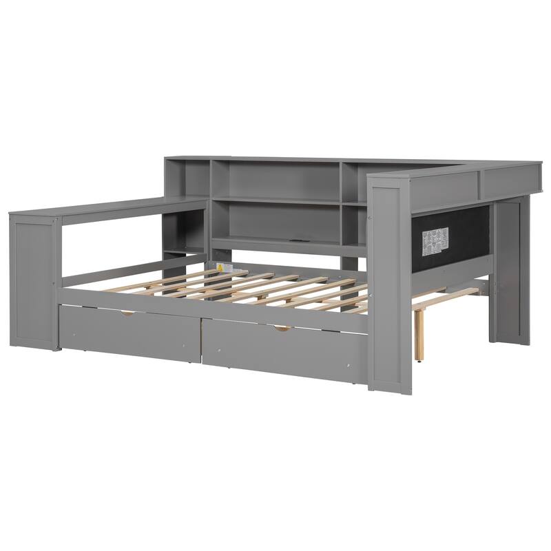 Wood Daybed Twin Size Platform Bed with Storage Shelves, Drawers, Charging Station, Desk, LED and Upholstered Cushion Headboard