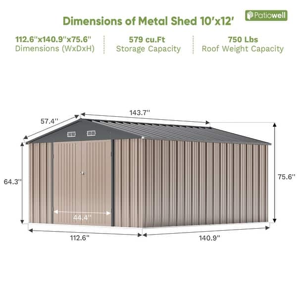 dimension image slide 6 of 8, Patiowell 10' x 12' &10' x 14' Metal Outdoor Storage Shed with Floor Frame for Garden, Backyard, Patio