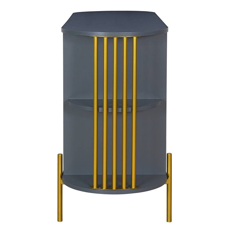 Curved Sideboard with Woven Rattan Doors and Open Storage - Dark Grey
