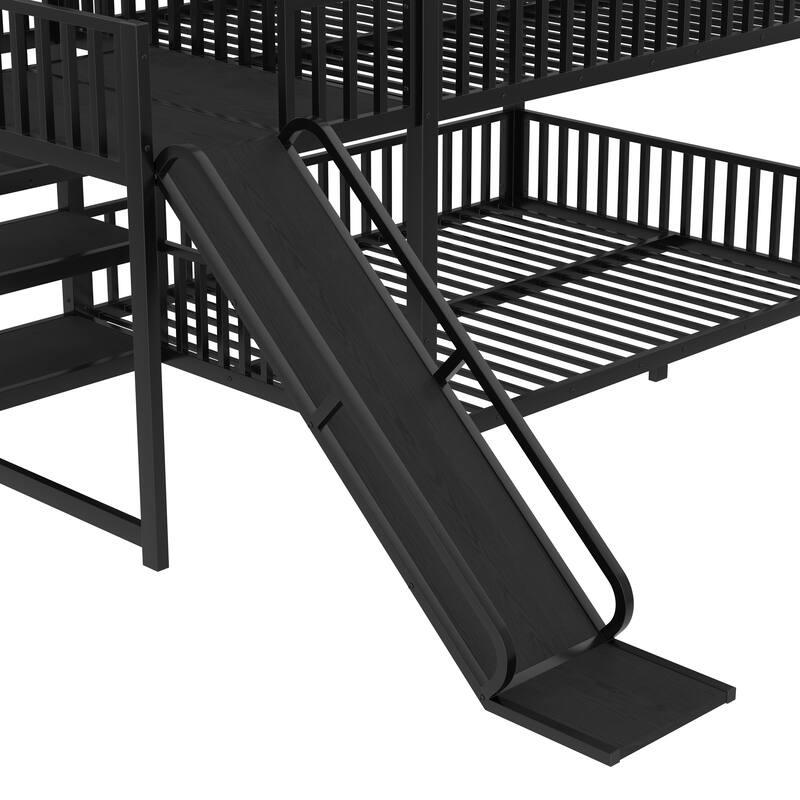 Modern Metal House Bunk Bed with Safety Guardrails, Heavy Duty Metal House Bed Frame with Storage Shelves and Slide