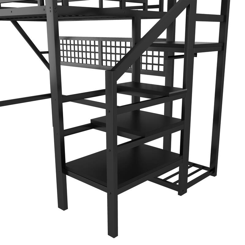 Full / Queen Metal Loft Bed with Stairs Light Storage Wardrobe for Kids Teens Adults