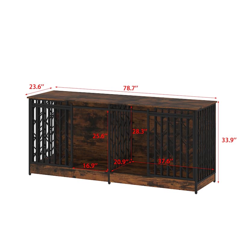 Large Double Dog Crate Furniture for Medium and Large Dogs, Rustic Industrial Dog Kennel End Table