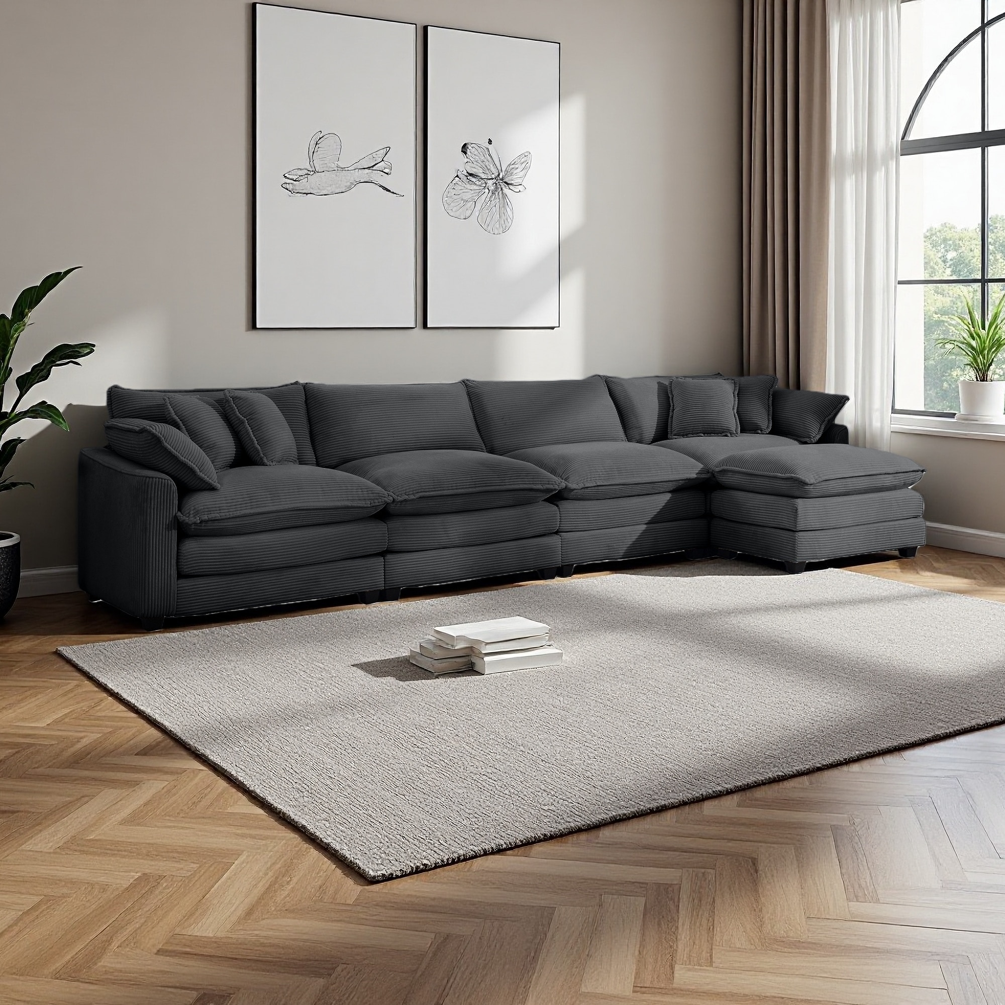149.6" Corduroy L-Shaped Modular Sectional Sofa with Footstool, 2 Arm Pillows and 4 Throw Pillows (4-Seater)