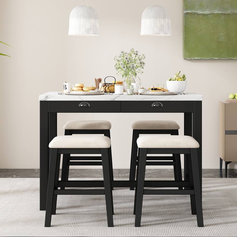 Modern Faux Marble Bar Table Set with Storage & Stools