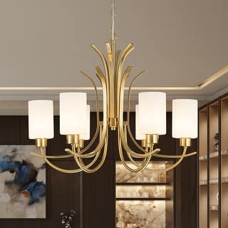 6-Light White Glass Cylindrical Shade Round Chandelier - 26in