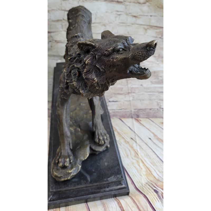 Fierce Wolf Howling Canine Bronze Sculpture Statue Art On Marble Base