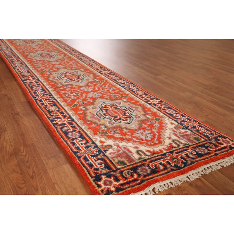 Geometric Heriz Serapi Indian Runner Rug Handmade Orange Wool Carpet - 2'5" x 9'11" - Orange - 2'5" x 9'11"