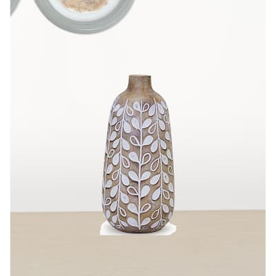 HomeRoots Set of three 9" Polyresin Brown and White Leaf Round Table Vase - 4.25