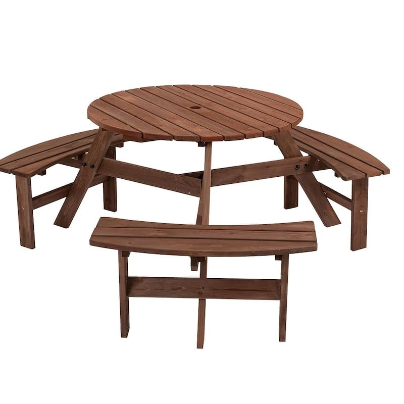 Wooden Outdoor Round Picnic Table w/ Built-in Bench Seats - Brown-6 Person