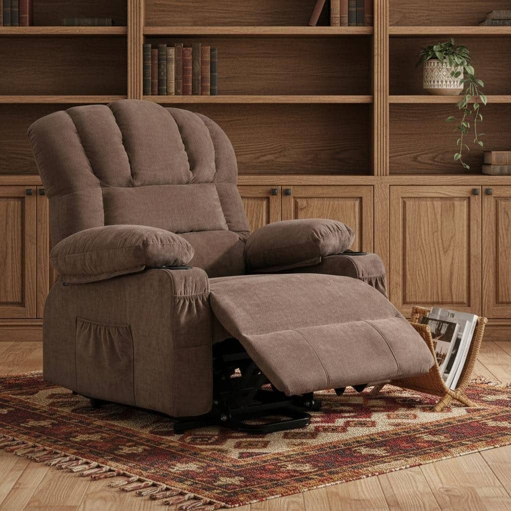 HomeRoots 39" Brown Faux Leather Heated Massage Lift Assist Recliner With USB