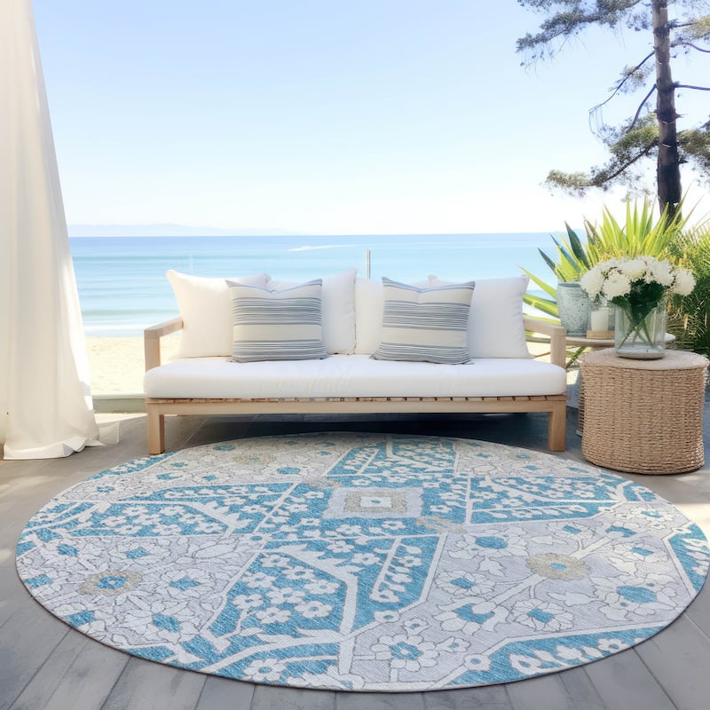 Machine Washable Indoor/ Outdoor Chantille Traditional Medallion Rug - Teal - 8' x 8'
