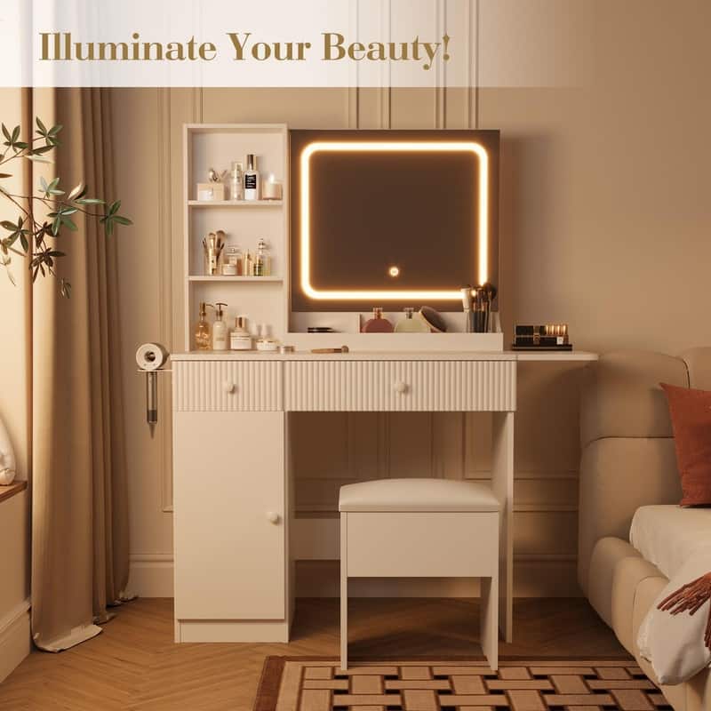Makeup Vanity Desk with Mirror, Charging Station, Storage Drawers， Stool
