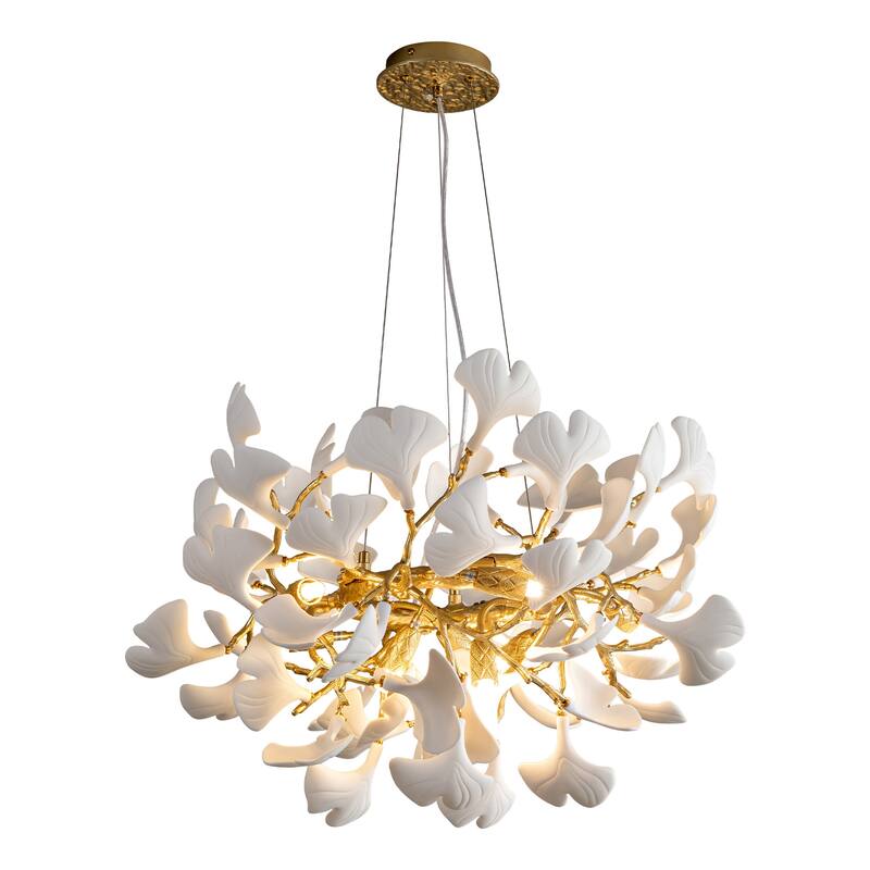 Modern Ginkgo Leaf Ceramic Chandelier, Moon Ring Round Pendant Light, D550-D1200, Gold Finish